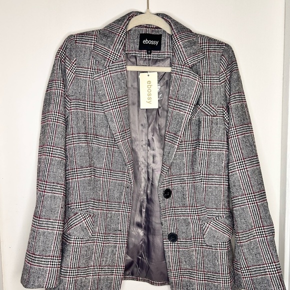 NWT Ebossy Plaid Blazer Gray Red Checkered Longline Jacket Size Small - Picture 1 of 8